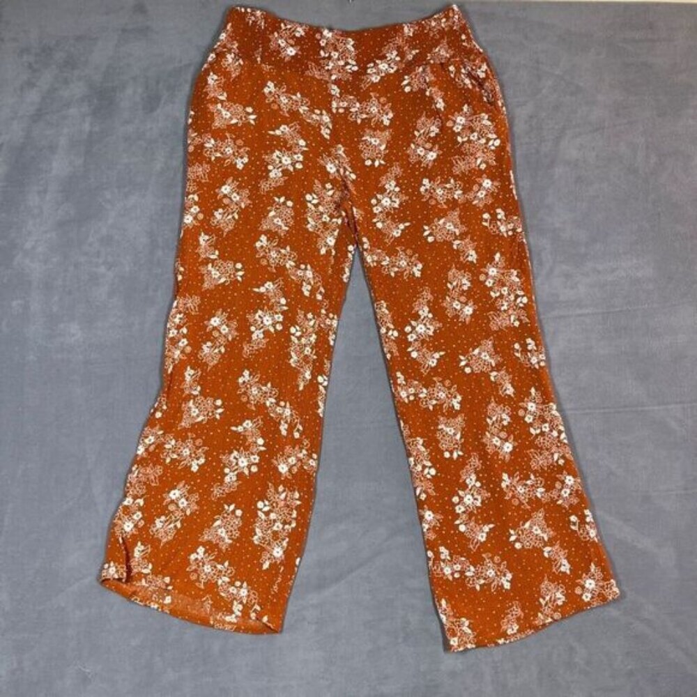 Three Dots Womens Pants XL‎ Burnt Orange Floral Pull-On Wide Leg Palazzo Boho